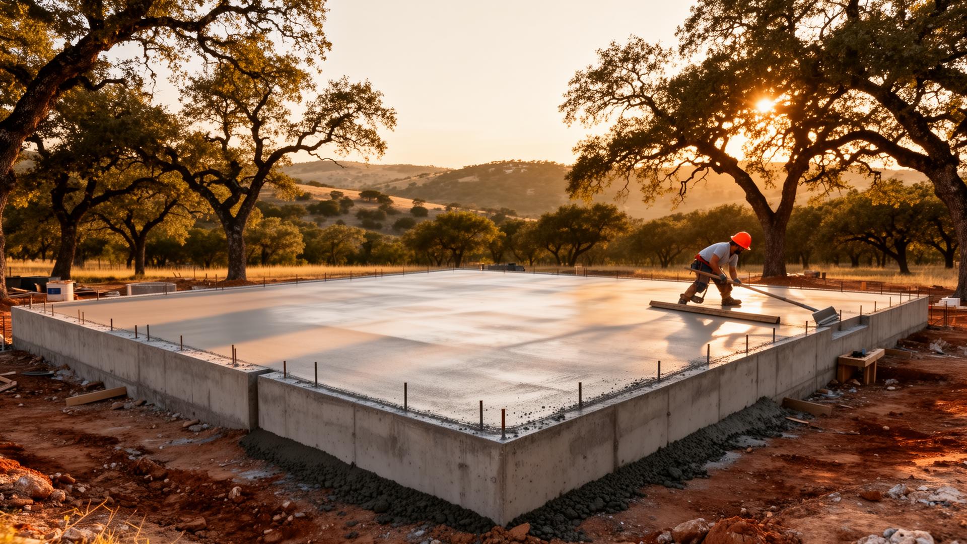 Freshly poured concrete slab foundation in the Texas Hill Country